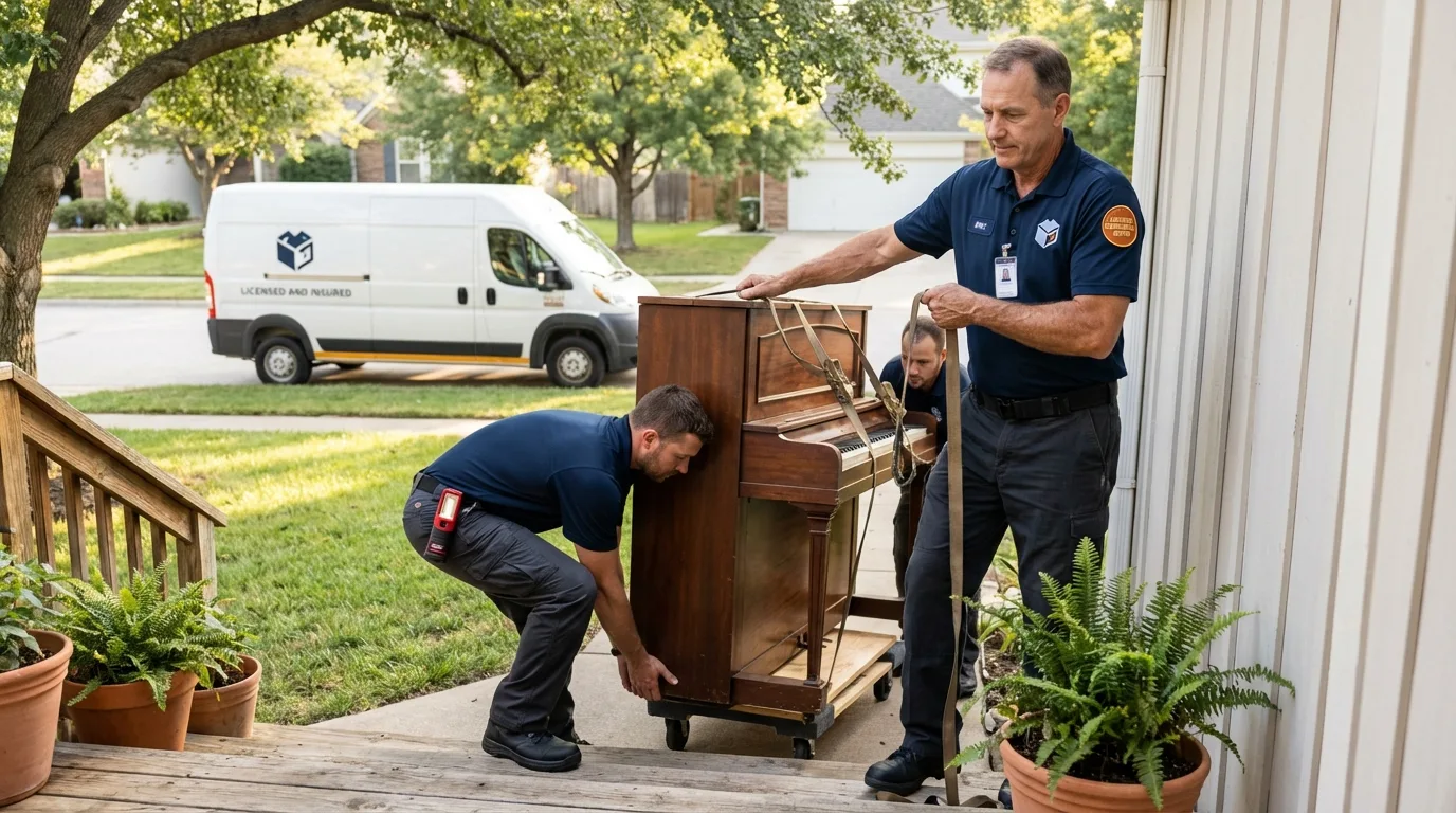 Licensed piano movers securing grand piano in Manor, TX