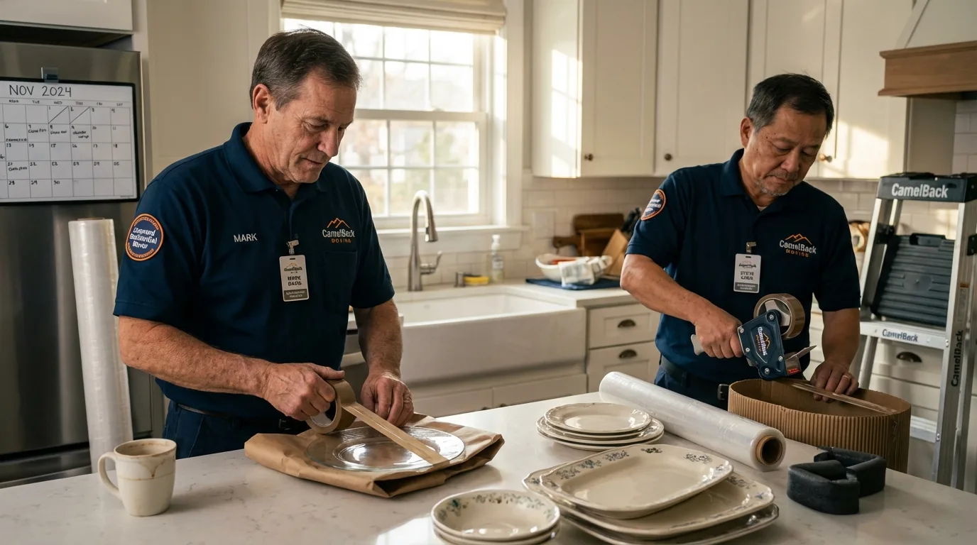 Professional crew packing kitchen dishware in Manor, TX